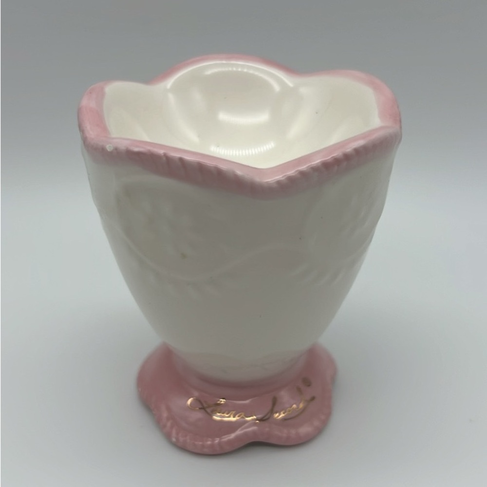 Laura Secord Pink Trim White Ceramic Vase - Small Egg Cup